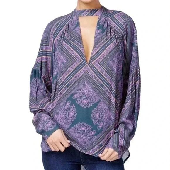 Free People Walking On A Dream Blue Purple Floral Diamond Oversized Tunic Top - Picture 2 of 13